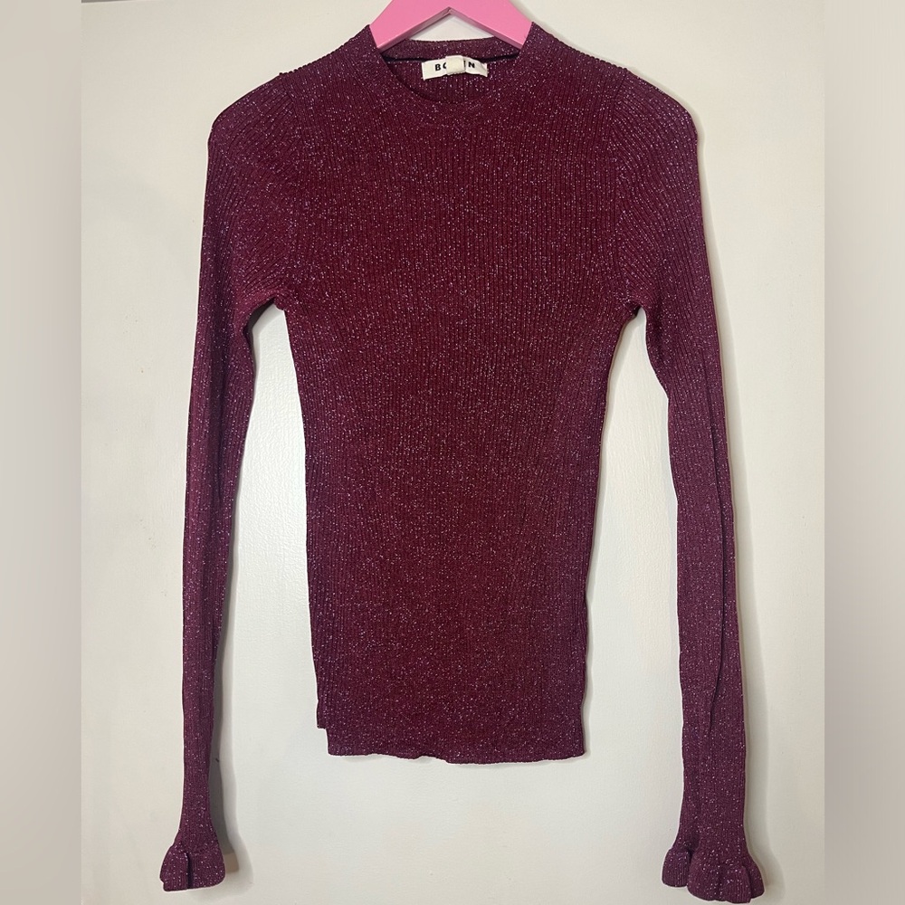 Boden Metallic Burgundy Crewneck Ruffle Cuff Ribbed Sweater M NWOT